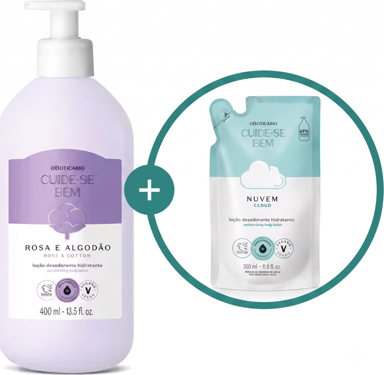 Imagem de duas embalagens de loção hidratante corporal da marca Cuide-se Bem: frasco branco com rótulo roxo e branco e flor de algodão ilustrada da linha Rosa e Algodão e um refil em sachê azul e branco com nuvem ilustrada da linha Nuvem.