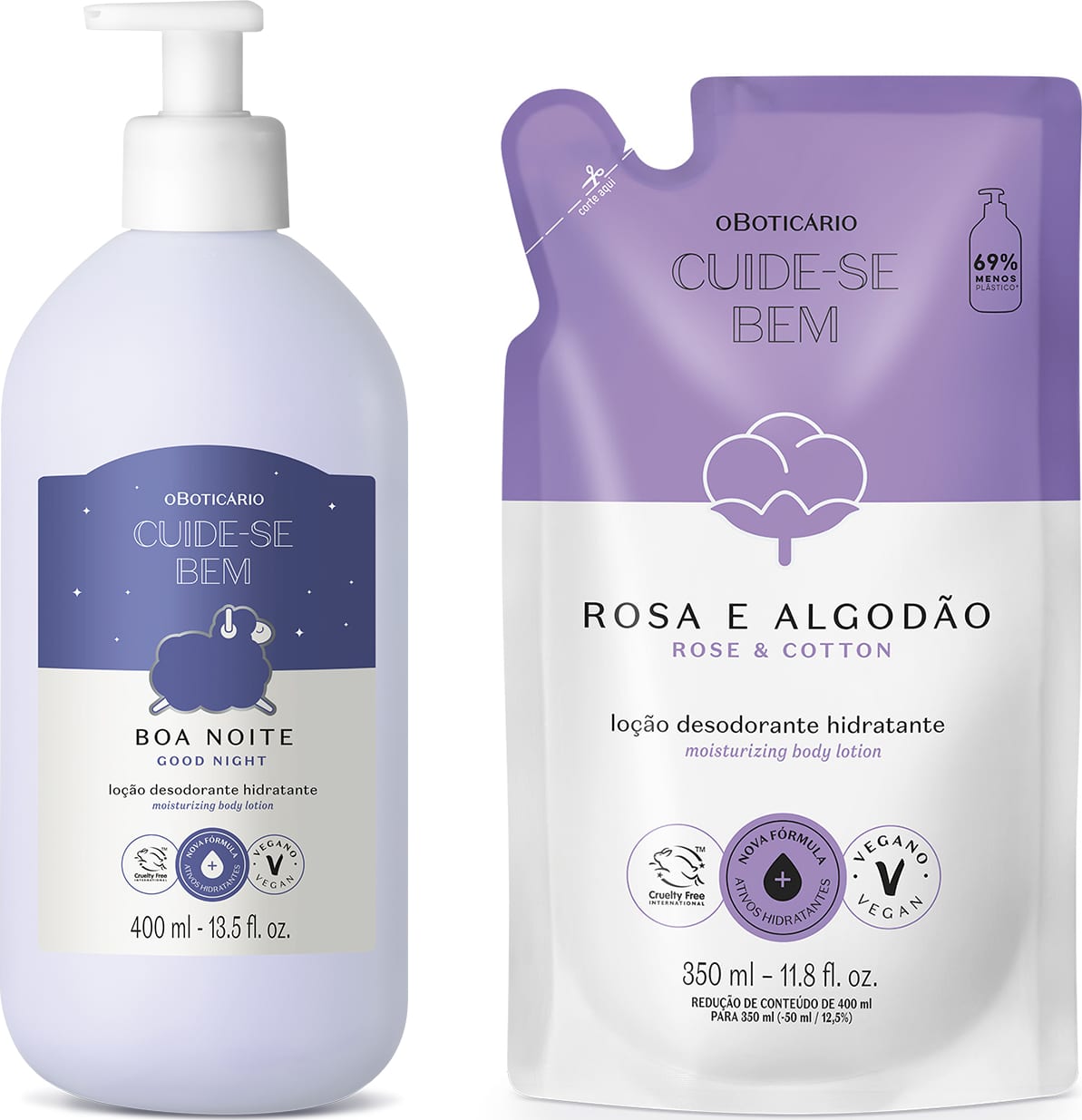 Imagem de duas embalagens de loção hidratante corporal Cuide-se Bem: frasco branco com rótulo azul e branco e ovelha ilustrada da marca Boa Noite e um refil em sachê roxo e branco da linha Rosa e Algodão.