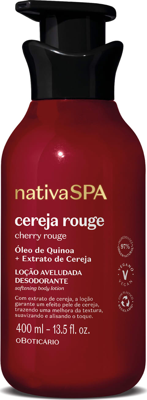 Imagem de um frasco vermelho com tampa preta e letras douradas e brancas contendo 400ml de loção hidratante corporal da marca Nativa SPA Cereja Rouge. 