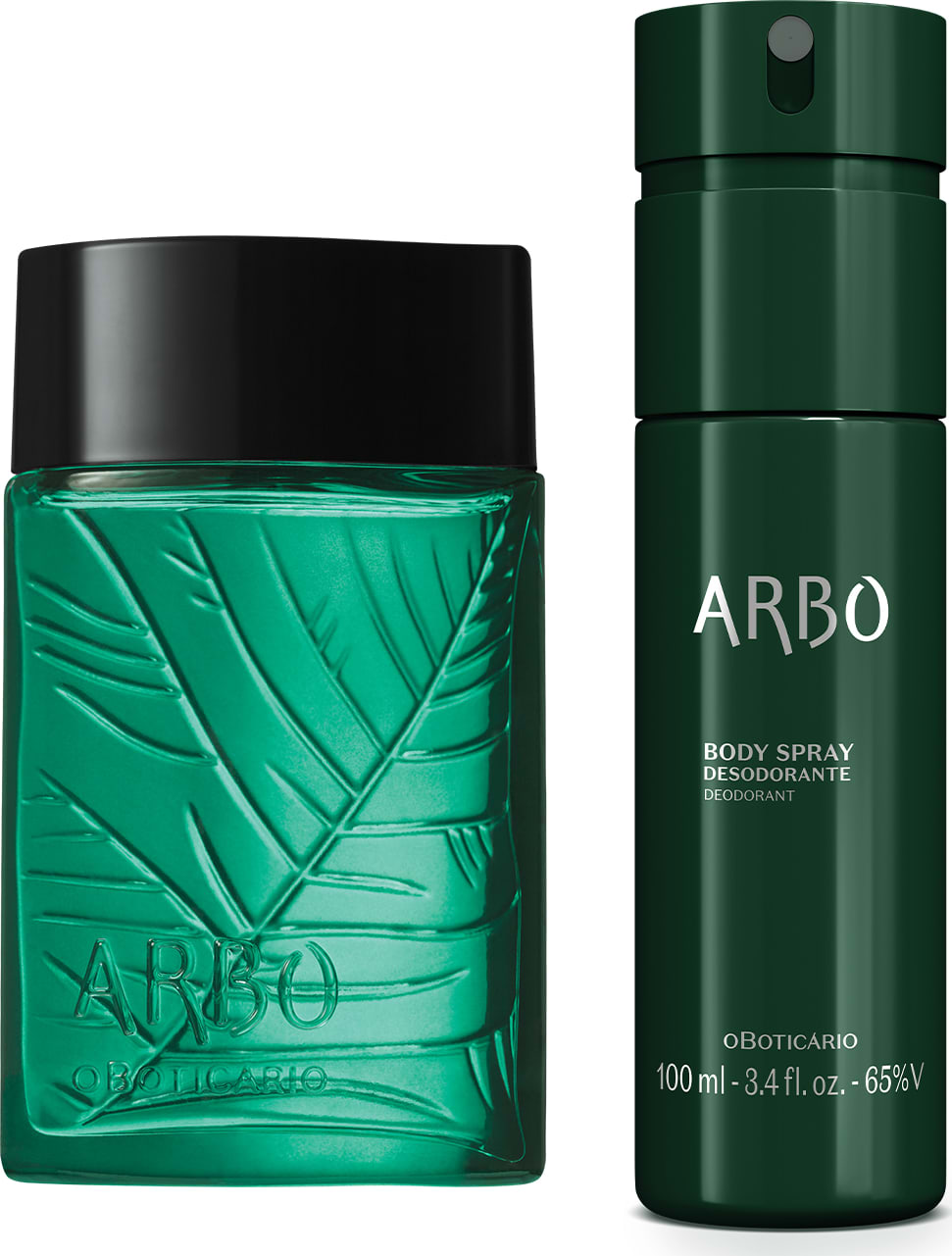 Imagem de um vidro com líquido verde e tampa preta de desodorante colônia Arbo e frasco verde com letras amarelas de body spray da mesma marca.