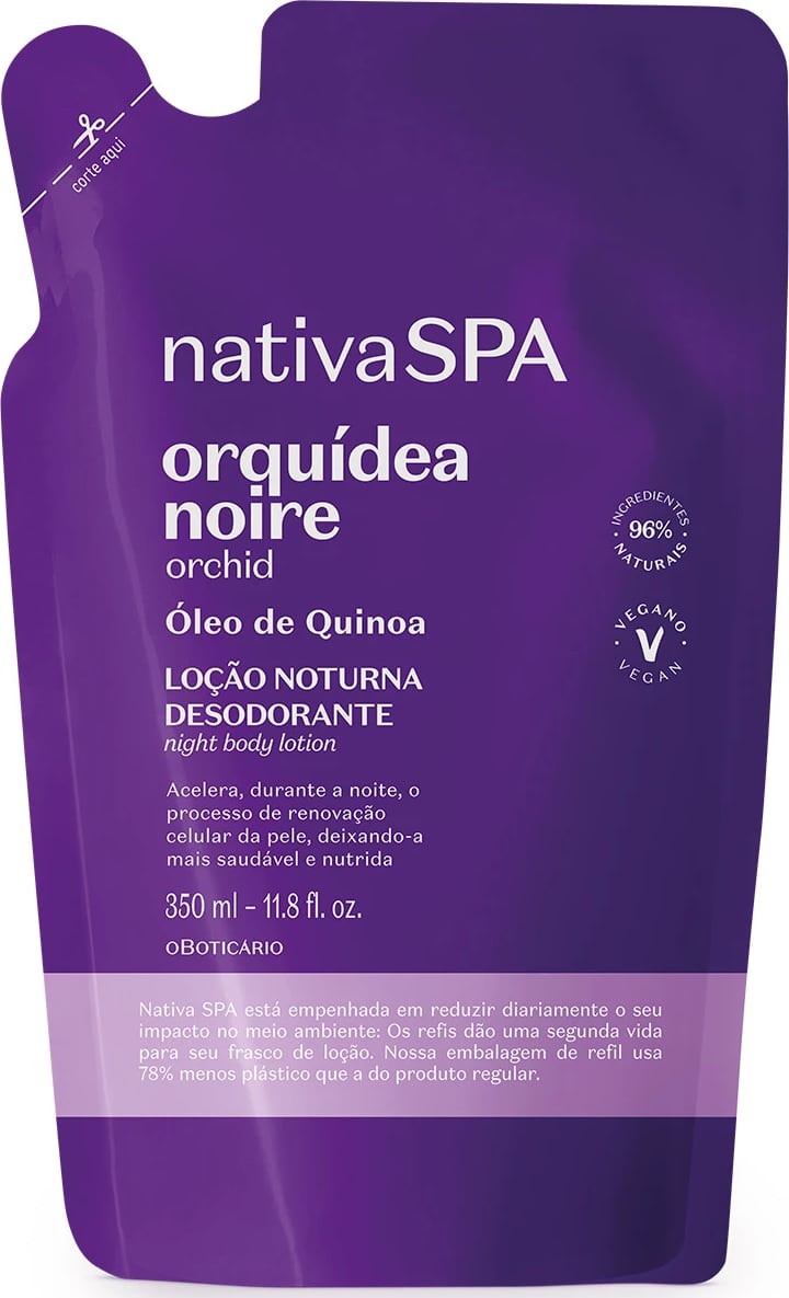 Imagem de um refil em sachê roxo com detalhe lilás e letras douradas e brancas contendo 350ml de loção hidratante desodorante corporal Nativa SPA Orquídea Noire.