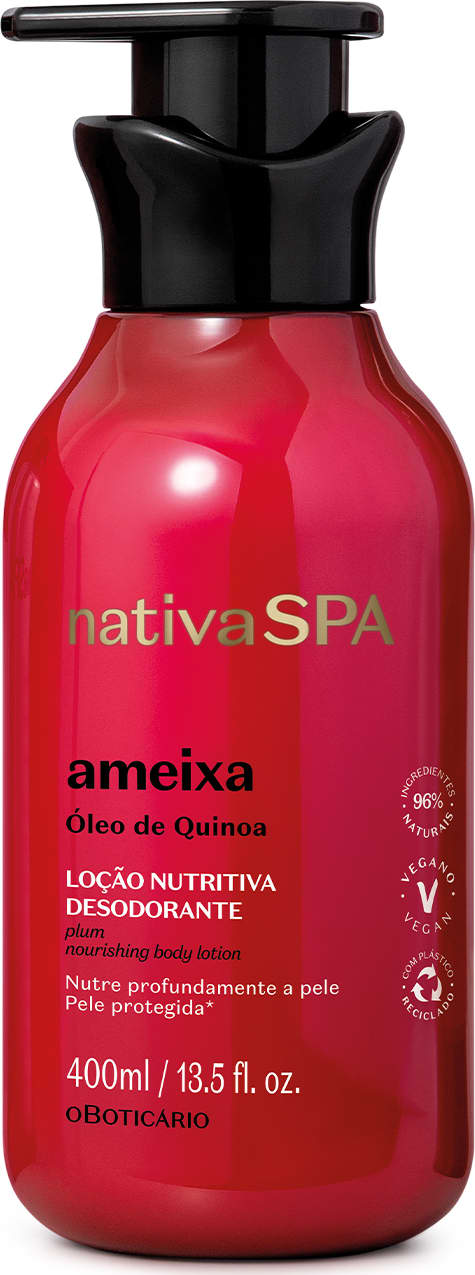 Imagem de um frasco vermelho com tampa preta e letras douradas, pretas e brancas contendo 400ml de loção hidratante corporal Nativa SPA Ameixa.