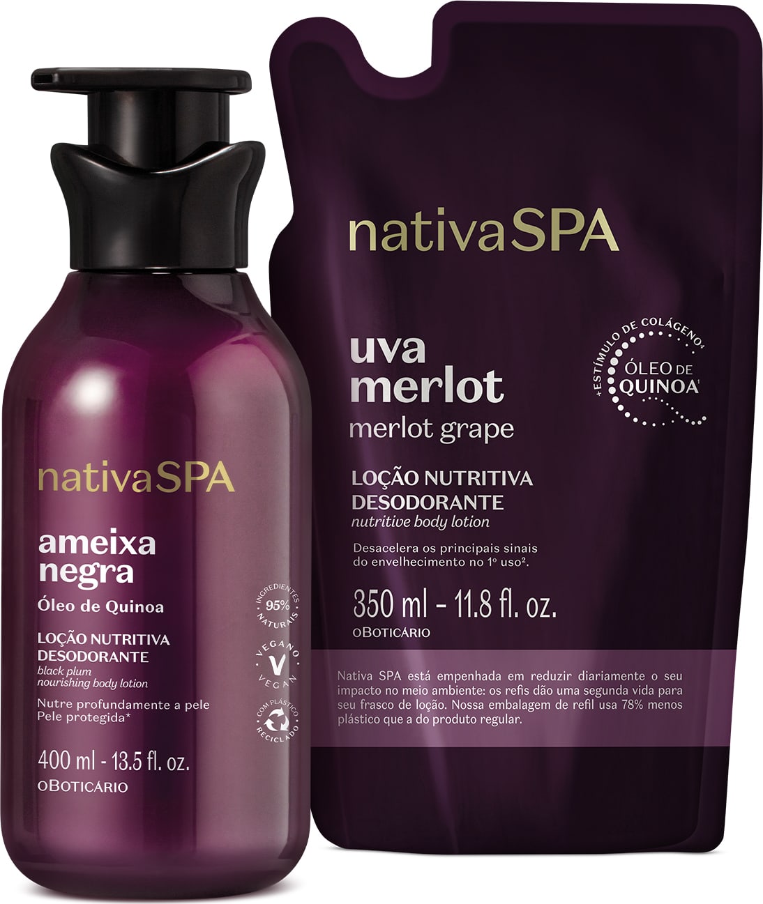 Imagem de duas embalagens contendo loção hidratante corporal Nativa SPA, sendo um frasco roxo com bomba dosadora preta da linha Ameixa Negra e um sachê roxo da linha Uva Merlot.
