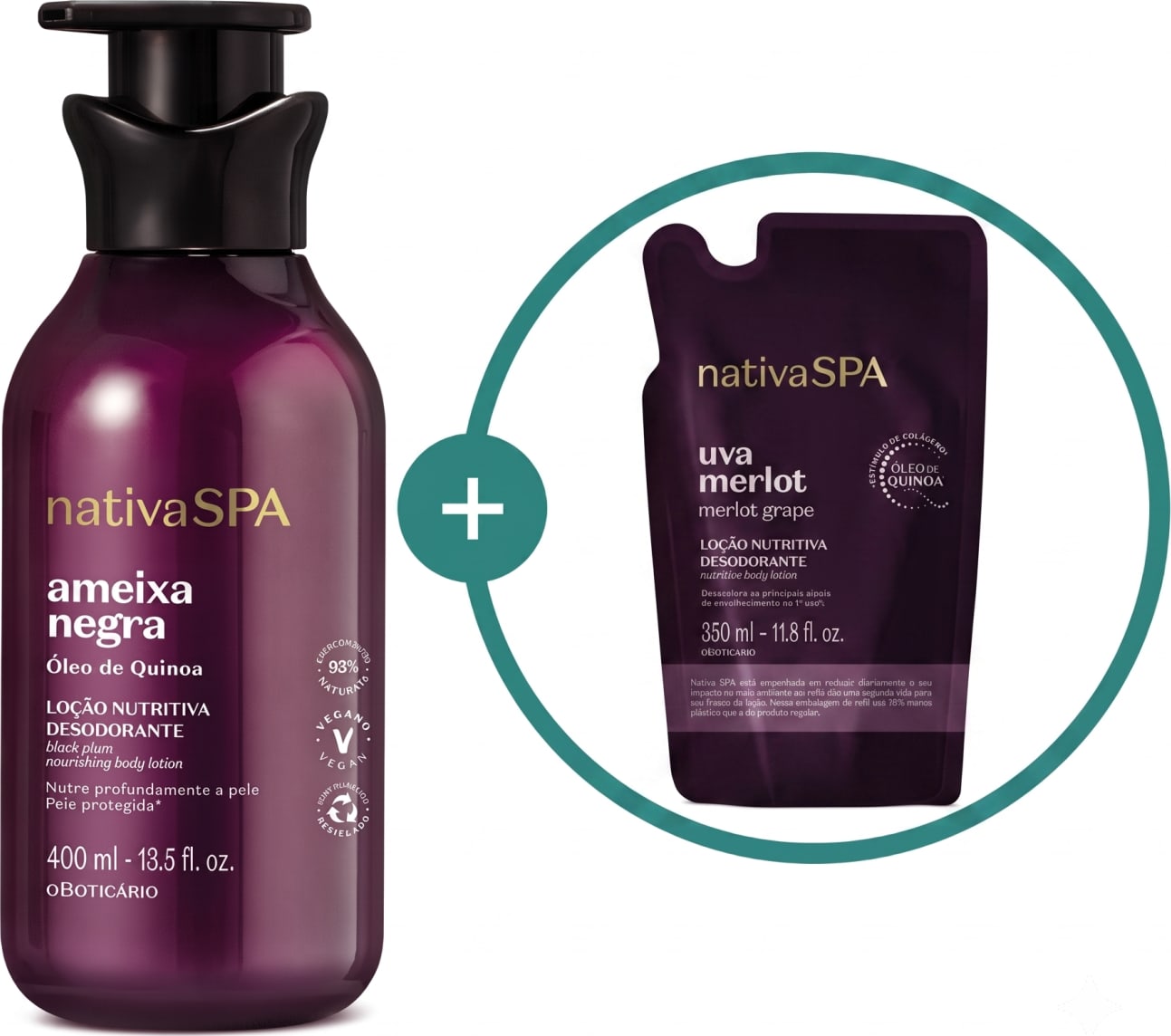 Imagem de duas embalagens contendo loção hidratante corporal Nativa SPA, sendo um frasco roxo com bomba dosadora preta da linha Ameixa Negra e um sachê roxo da linha Uva Merlot.