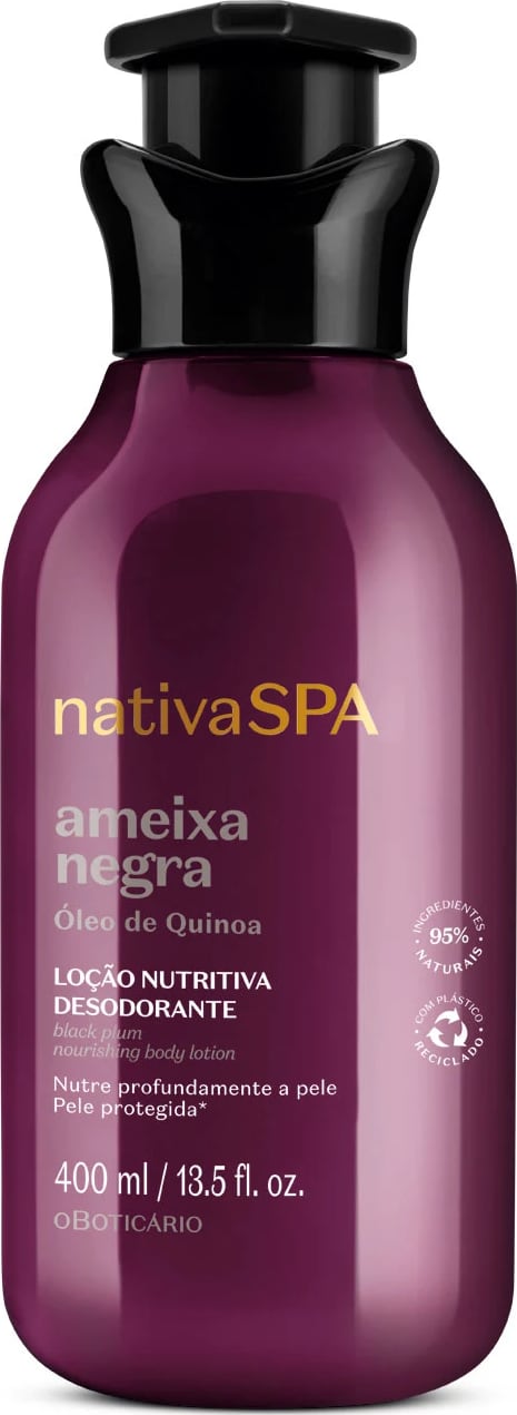 Imagem de um frasco roxo com tampa dosadora preta e letras douradas e brancas contendo 400ml de loção hidratante corporal da marca Nativa SPA Ameixa Negra.