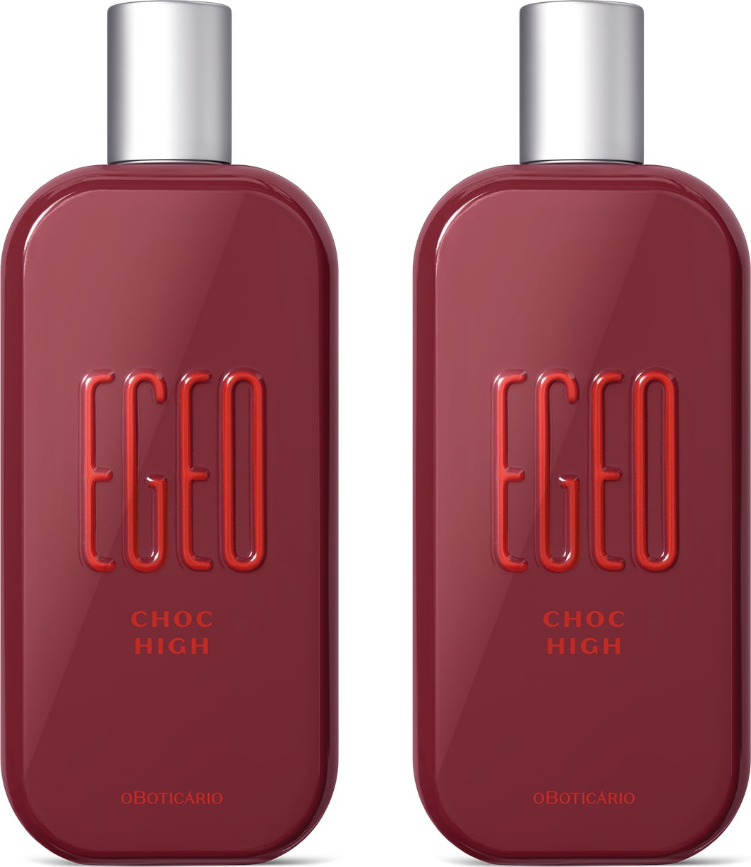 Imagem de dois vidros na cor vinho com cantos arredondados, marca gravada em relevo e tampas prateadas. Cada recipiente traz 90ml de desodorante colônia Egeo Choc High.