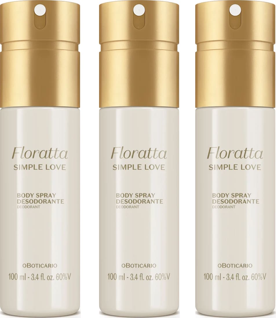 Três frascos cilíndricos de spray corporal desodorante da marca Floratta Simple Love, com tampa borrifadora dourada e embalagem branca contendo texto legível com o nome da marca e informações sobre o produto.