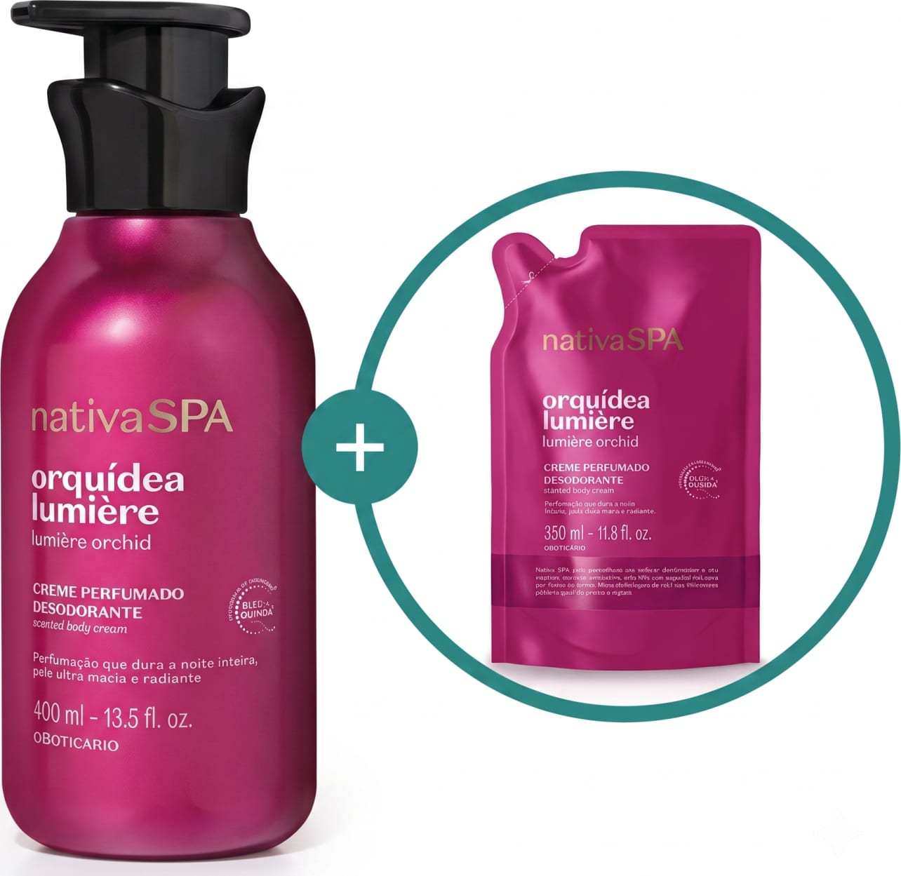 Dois itens de corpo e banho da marca Nativa SPA Orquídea Lumière, sendo um creme desodorante perfumado nas cores rosa e dourado com tampa preta e um sachê de plástico maleável pink contendo refil do mesmo produto dentro de um círculo verde.