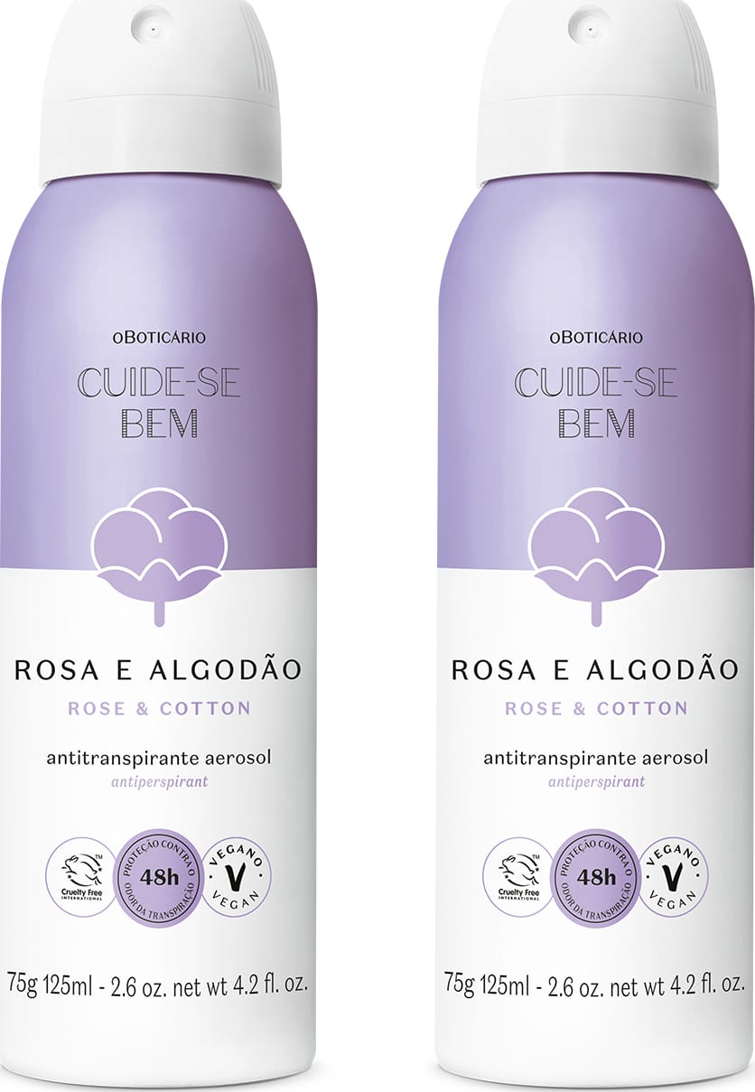 Dois frascos aerossol da marca Cuide-se Bem Rosa e Algodão, com rótulo bicolor branco e lilás com ilustração de floco de algodão e informações sobre ser um produto antitranspirante.