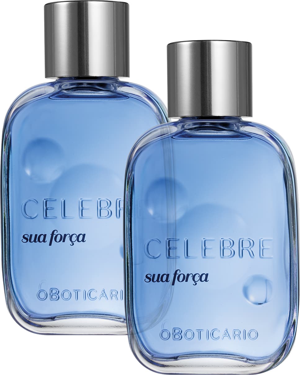 
Imagem de dois vidros transparentes contendo desodorante colônia masculino da marca Celebre Sua Força. As embalagens trazem 100ml da fragrância, possuem líquido azul, tampa prateada e rótulo em letras pretas.
