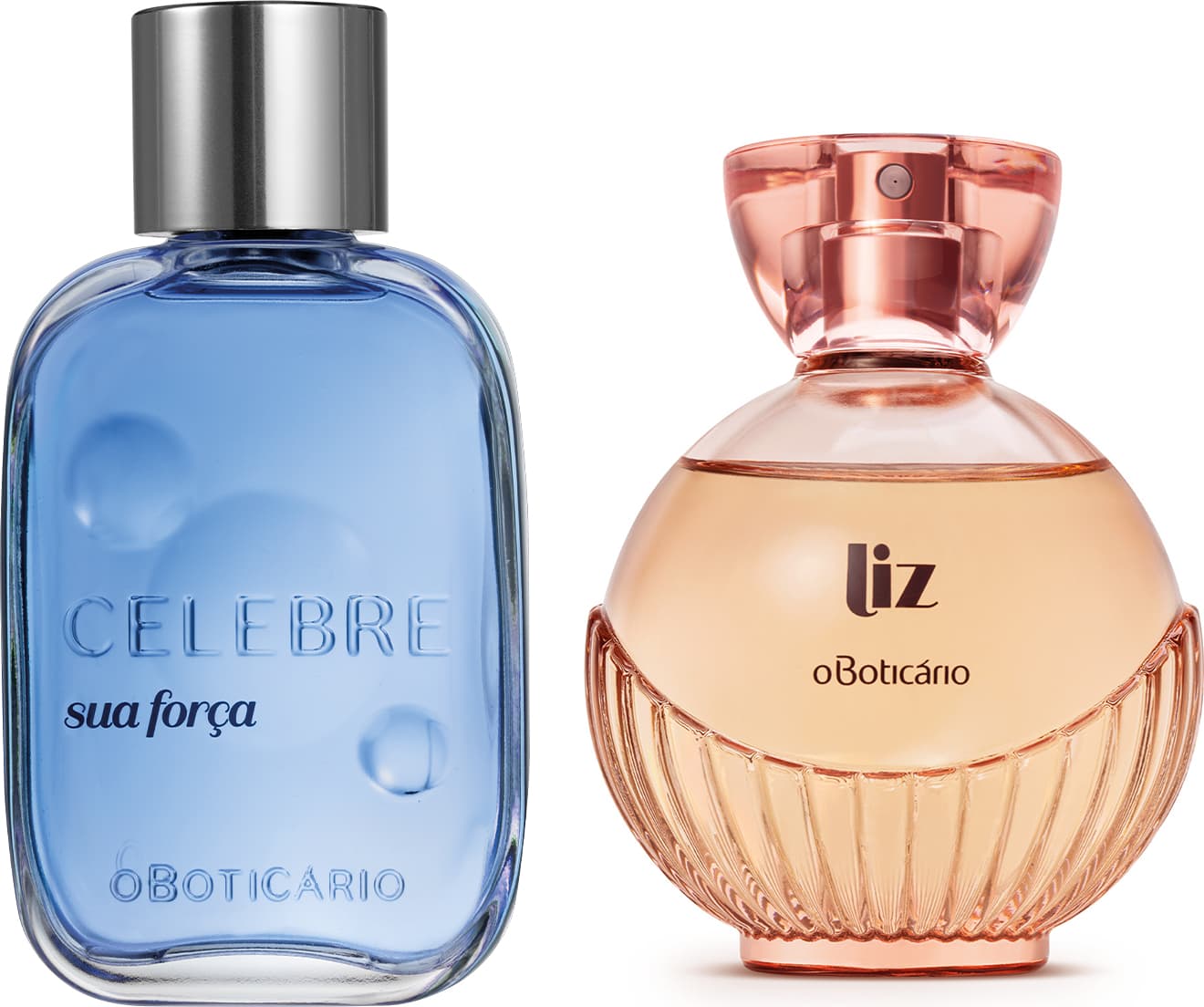 Imagem de dois itens de perfumaria O Boticário, sendo um vidro transparente com líquido azul e tampa prateada da marca Celebre Sua Força e um vidro arredondado transparente com líquido rosa e borrifador dourado da marca Liz.