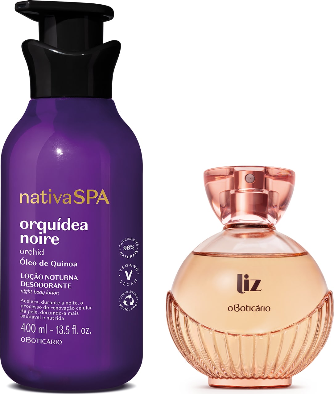 Imagem de frasco de loção corporal noturna da marca Nativa SPA Orquídea Noire, na cor roxa,  tampa preta e com rótulo em branco e dourado escrito "Orquídea Noire". Ao lado, desodorante colônia Liz, em vidro arredondado, borrifador dourado e letra preta.