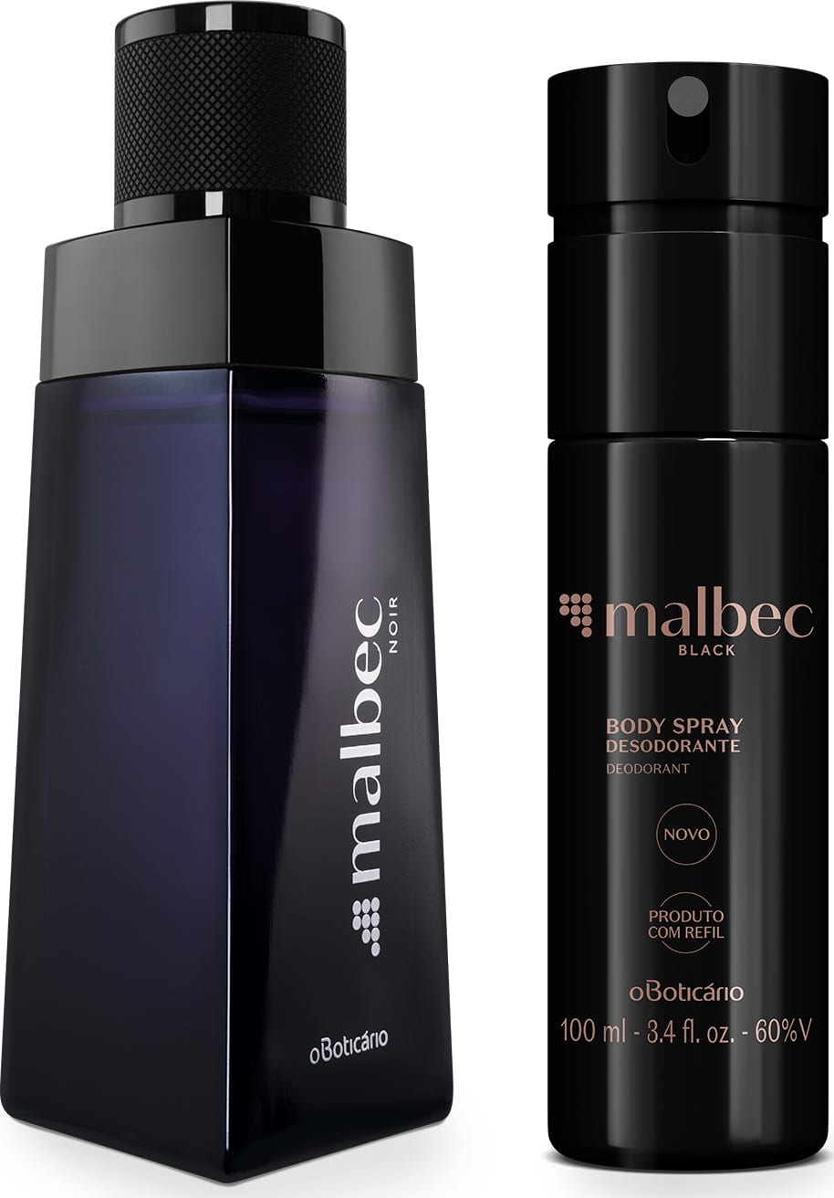 Imagem do moderno vidro preto com letra prata do desodorante colônia Malbec Noir e um frasco preto com letras douradas de body splash Malbec Black