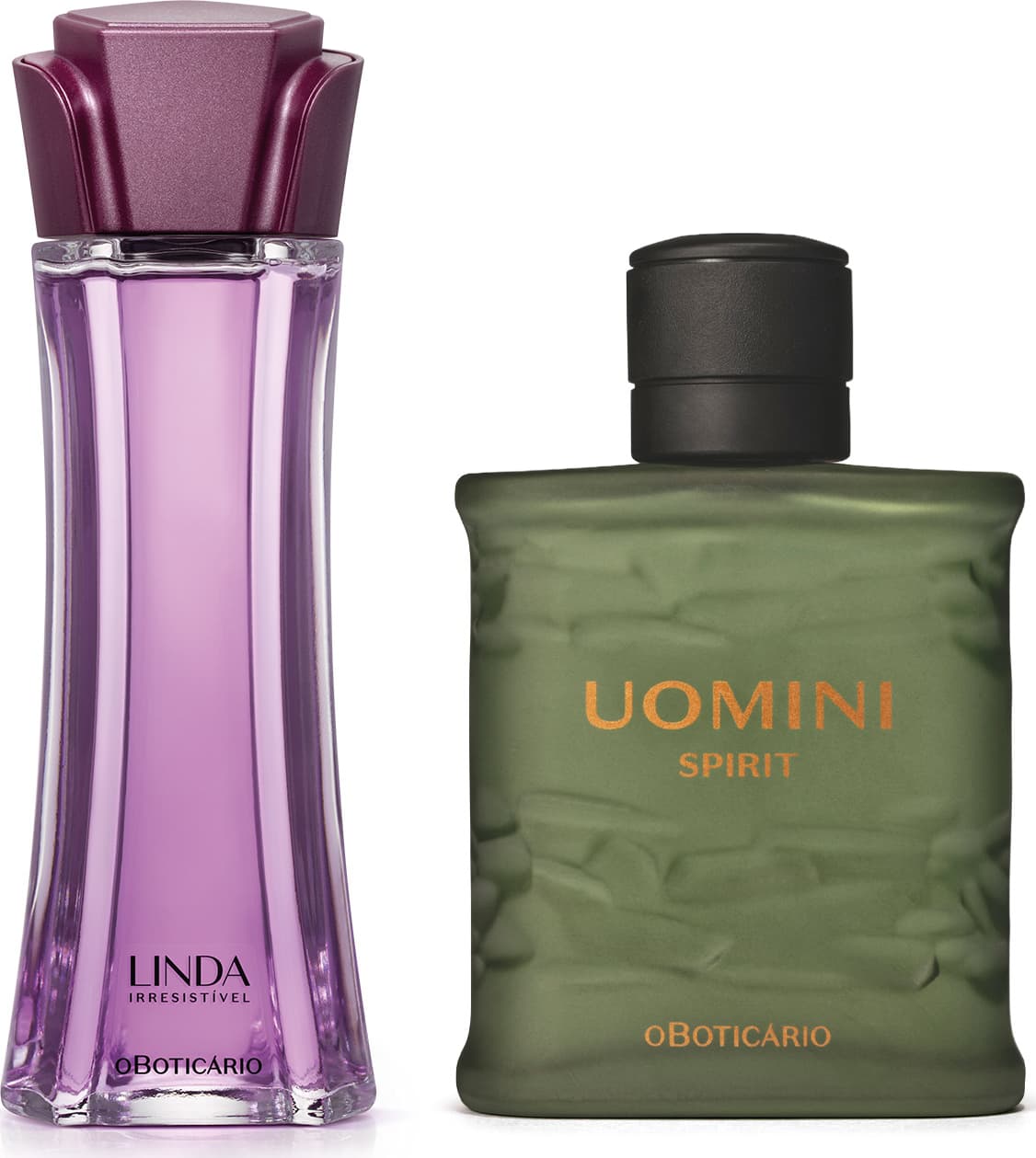 Imagem de dois frascos de itens de perfumaria feminina e masculina O Boticário: um frasco de vidro roxo com tampa em formato de flor, rótulo com a marca "Linda Irresistível" e outro frasco verde-oliva com tampa preta da marca "Uomini Spirit".