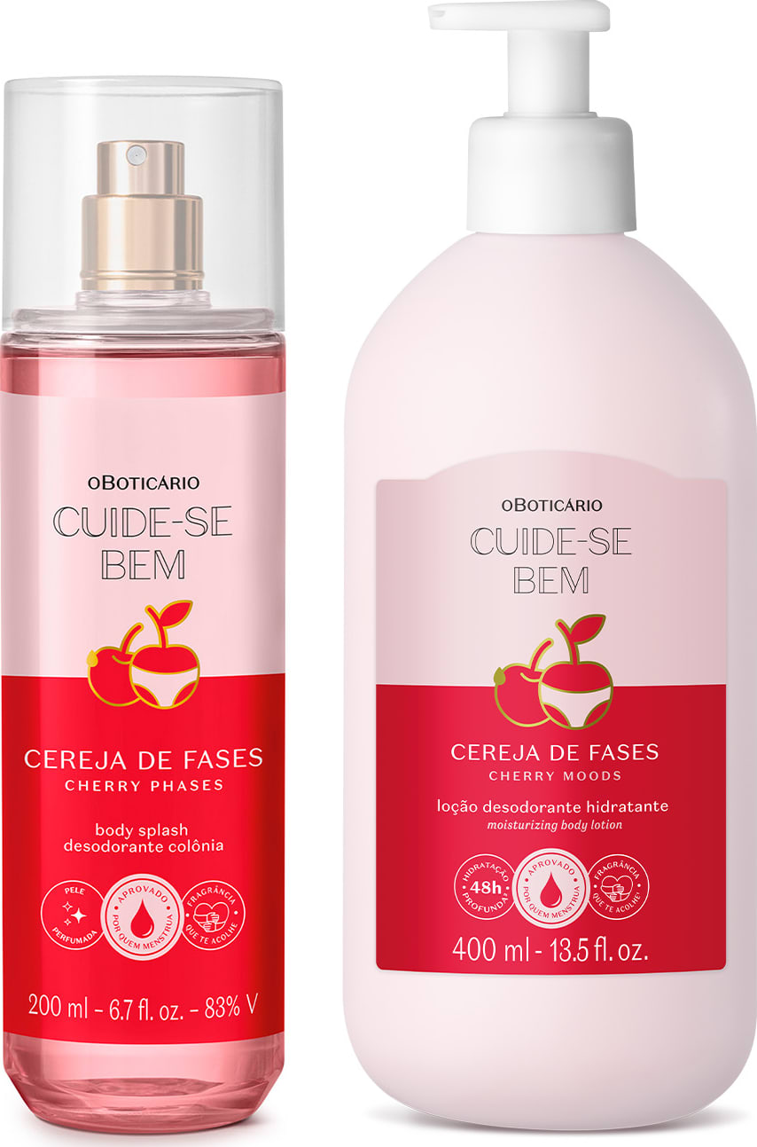 Imagem de dois produtos que fazem parte do Combo Cuide-se Bem Cereja De Fases, sendo um body splash e uma loção corporal de 400ml. As embalagens são muito delicadas, trazendo dois tons de rosa diferentes e uma linda cerejinha estampando o rótulo.