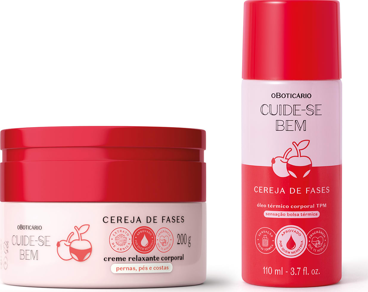 Imagem de dois produtos que fazem parte do Combo Cuide-se Bem Cereja De Fases, sendo um creme relaxante corporal e um óleo térmico corporal. As embalagens são lindas, em dois tons diferentes de rosa e uma linda cereja ilustrando o rótulo.