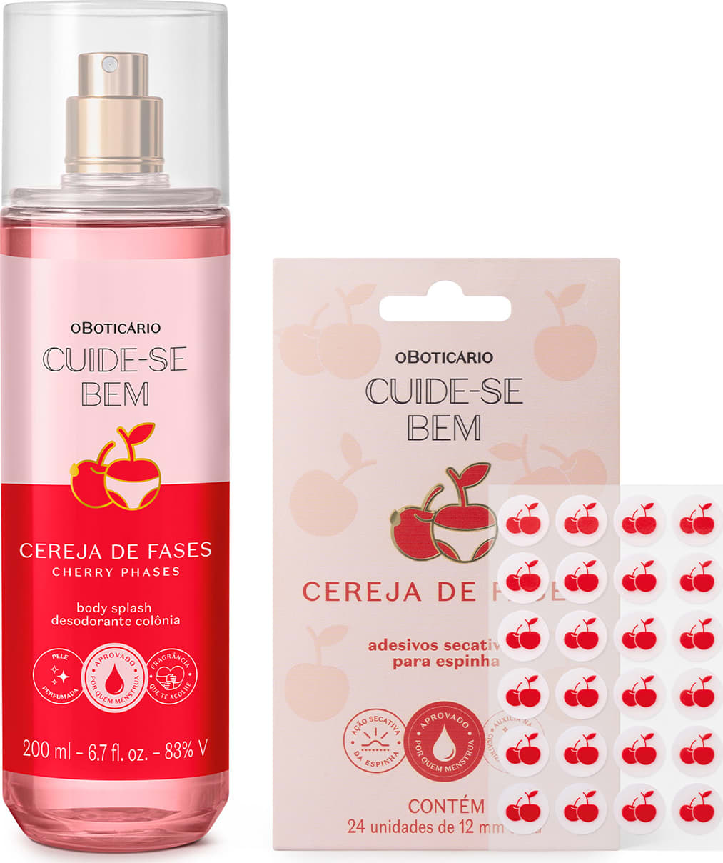 Imagem de dois produtos que fazem parte do Combo Cuide-se Bem Cereja De Fases, sendo um body splash em embalagem transparente, conteúdo rosa e válvula spray e uma cartela de adesivos secativos para espinhas em formato de cereja.