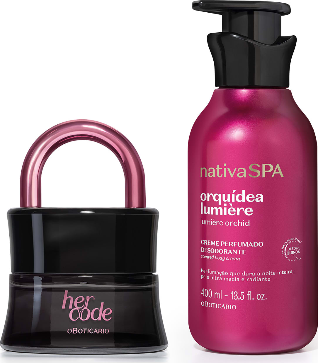 Imagem da moderna embalagem da fragrância Her Code Touch, em preto com detalhe e letras na cor roxo metalizado e Creme Perfumado Nativa Spa Orquídea Lumiére, com sua embalagem roxa, tampa preta e letras douradas e brancas.