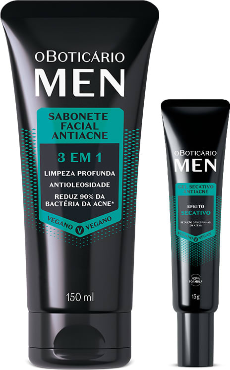 Imagem de dois produtos da marca Boticário Men Antiacne, sendo um frasco de 150 ml  com o sabonete líquido facial e uma bisnaga de gel secativo. As embalagens são na cor preta com detalhes em azul e letras brancas.
