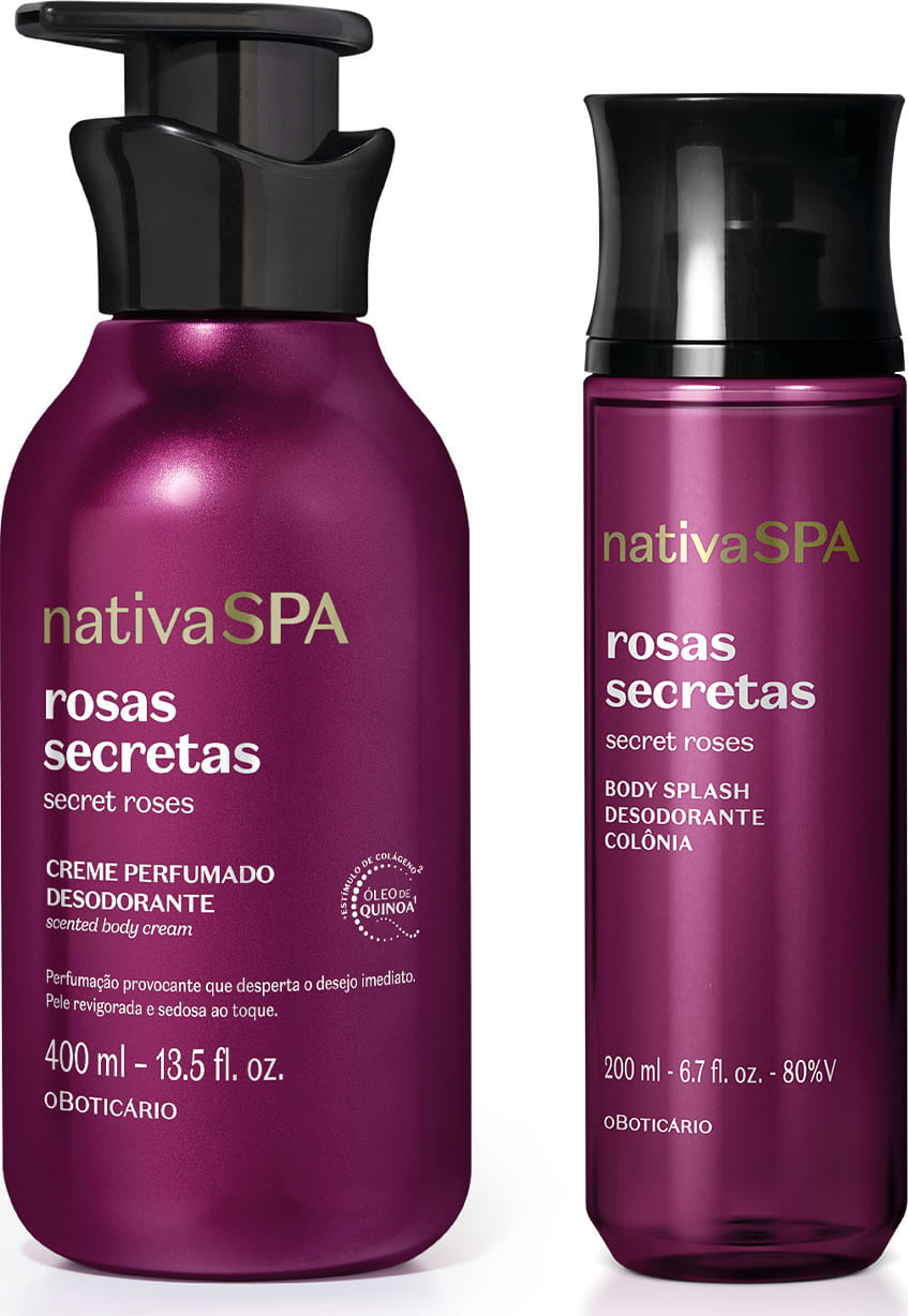 A imagem mostra dois produtos da marca Nativa SPA Rosas Secretas, sendo um frasco de 400ml de creme corporal e um frasco de 200ml de body splash. Elas são roxas, têm tampas pretas e as informações do rótulo estão impressas em letras brancas e douradas.