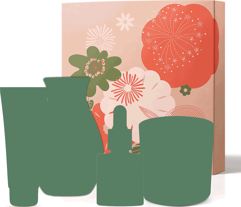 Imagem mostra uma caixa de presente rosa com flores estampadas e somente a silhueta de produtos de cuidados pessoais na cor cinza, sugerindo se tratar de um kit misterioso, com produtos diversificados. Um dos produtos pisca, mostrando um item Nativa SPA.