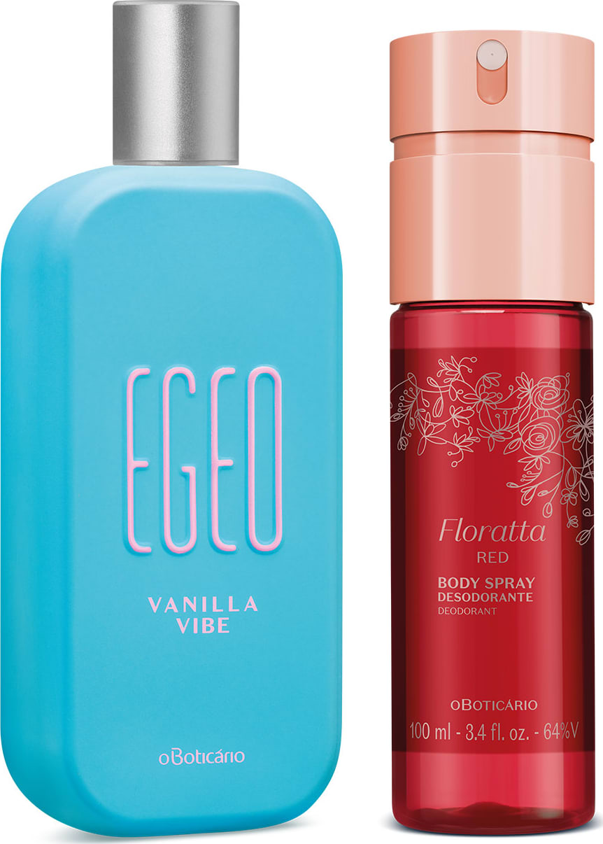 A imagem mostra um frasco azul-turquesa, de cantos arredondados, tampa prateada e com rótulo "Ego Vanilla Vibe" em branco. E outro frasco vermelho e cilíndrico, tampa dourada e com rótulo "Floratta Red Body Spray Desodorante" com letras também douradas.