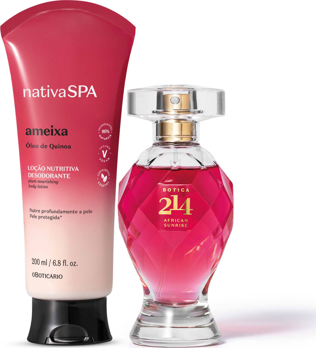 A imagem mostra um item de perfumaria da marca Botica 214 African Sunrise em frasco de vidro e tampa transparente e uma bisnaga de loção desodorante da marca Nativa Spa Ameixa com degradê do vermelho para o branco e rótulo preto e branco.
