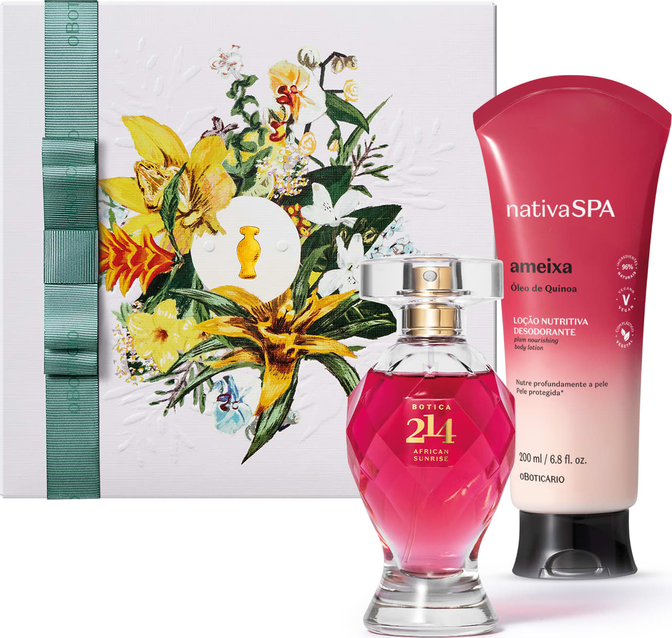 KIt de caixa com ilustração floral, item de perfumaria da marca Botica 214 African Sunrise em frasco de vidro e tampa transparente e uma bisnaga de loção desodorante da marca Nativa Spa Ameixa com degradê do vermelho para o branco e rótulo preto e branco.
