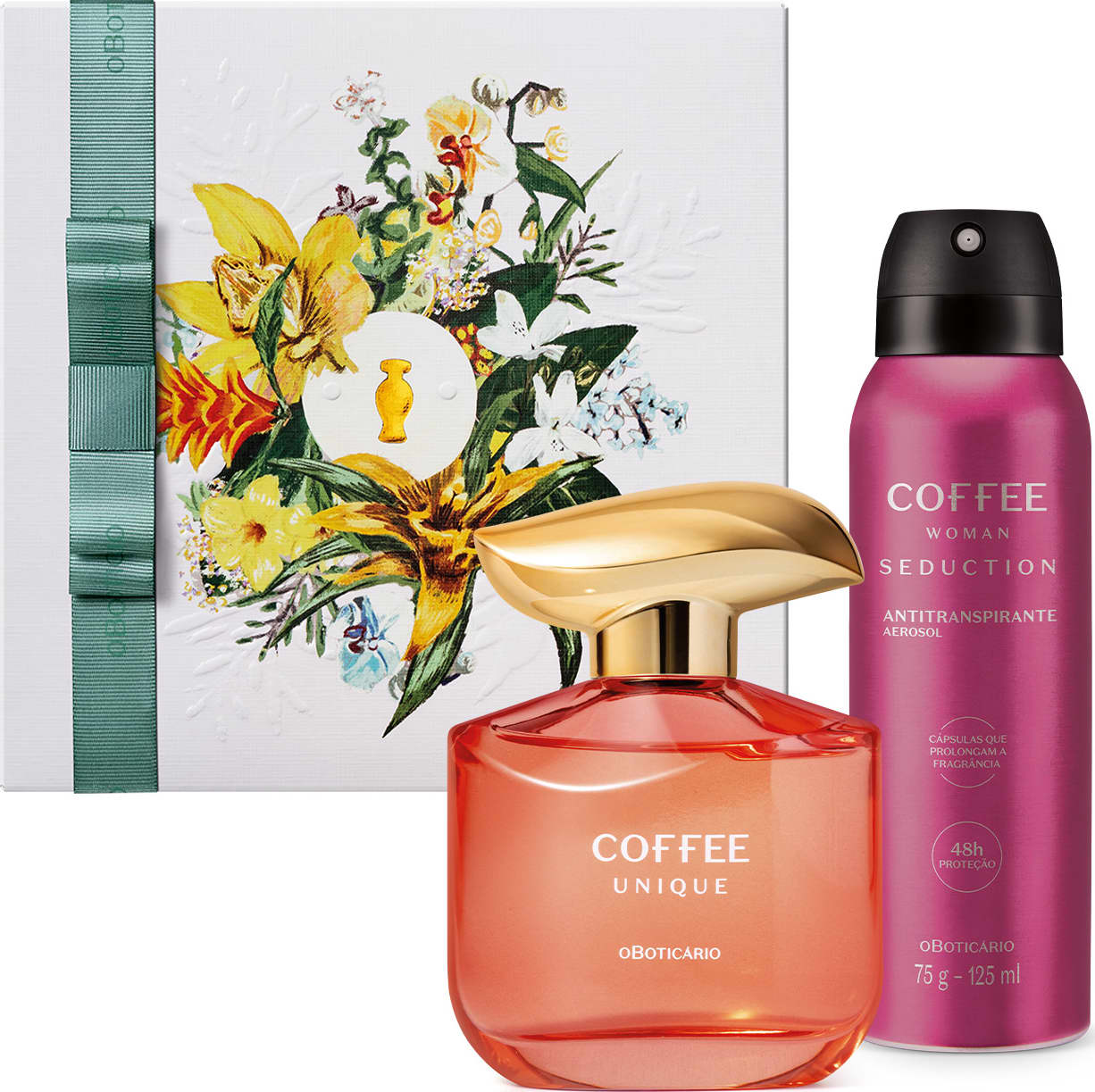 Kit com desodorante colônia Coffee Unique com vidro em formato redondo, tampa dourada e rótulo com texto branco. Ao lado, embalagem de desodorante aerossol Coffee Woman Seduction em cor rosa e tampa preta e uma caixa de presente com ilustração floral.