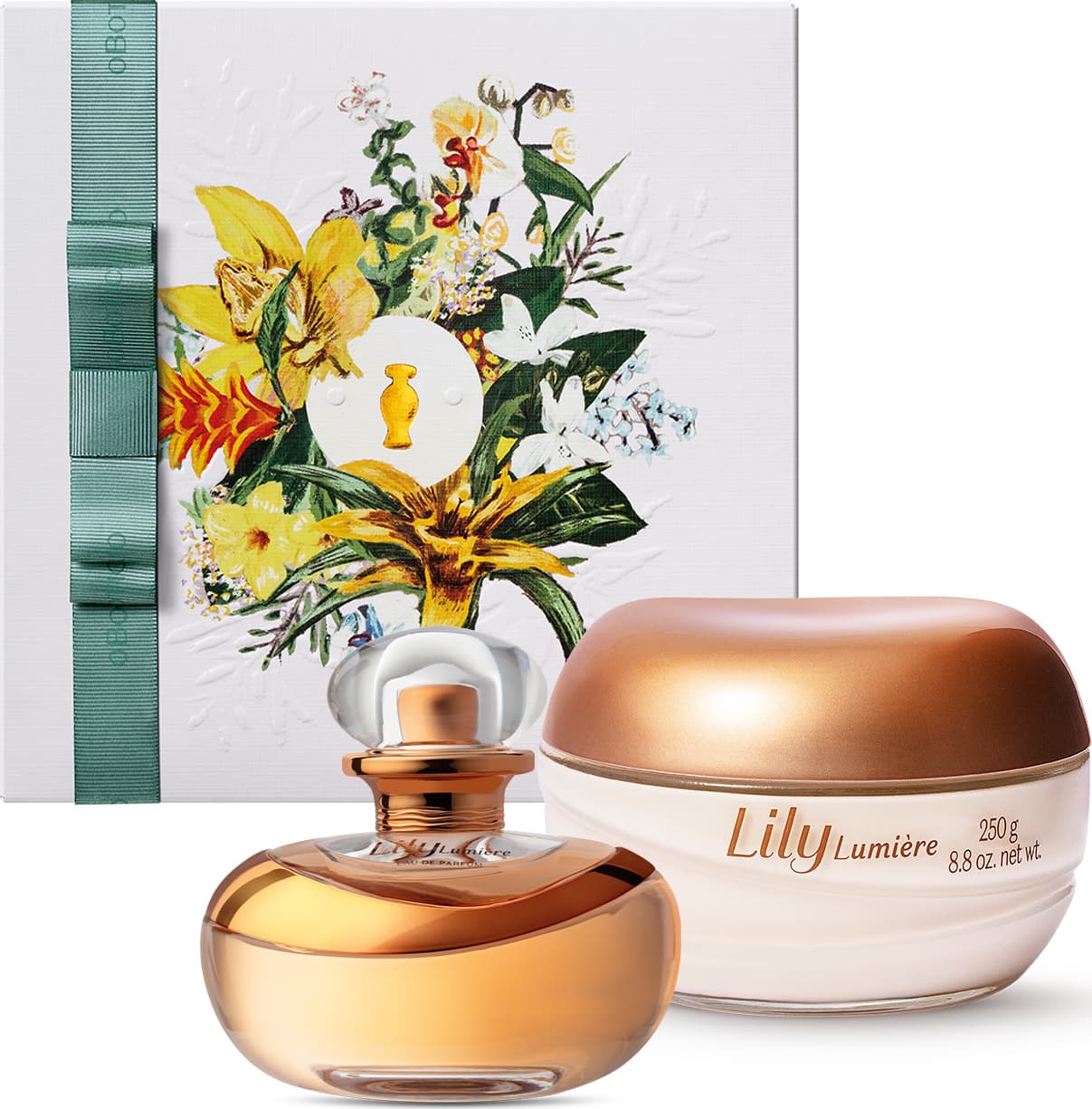 A imagem mostra um kit que contém um elegante vidro do Eau de Parfum Lily Lumiére transparente e com detalhes em tom de dourado, um pote de creme corporal de vidro com tampa dourada da mesma marca e uma caixa de presente com ilustração floral.