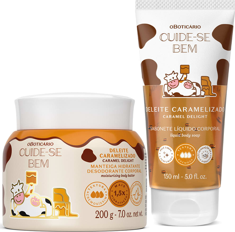 Dois produtos da marca Cuide-se Bem Deleite Caramelizado, sendo um pote de manteiga corporal hidratante e uma bisnaga de sabonete líquido, ambos com embalagens brancas com detalhes em marrom e laranja e uma ilustração de vaquinha.