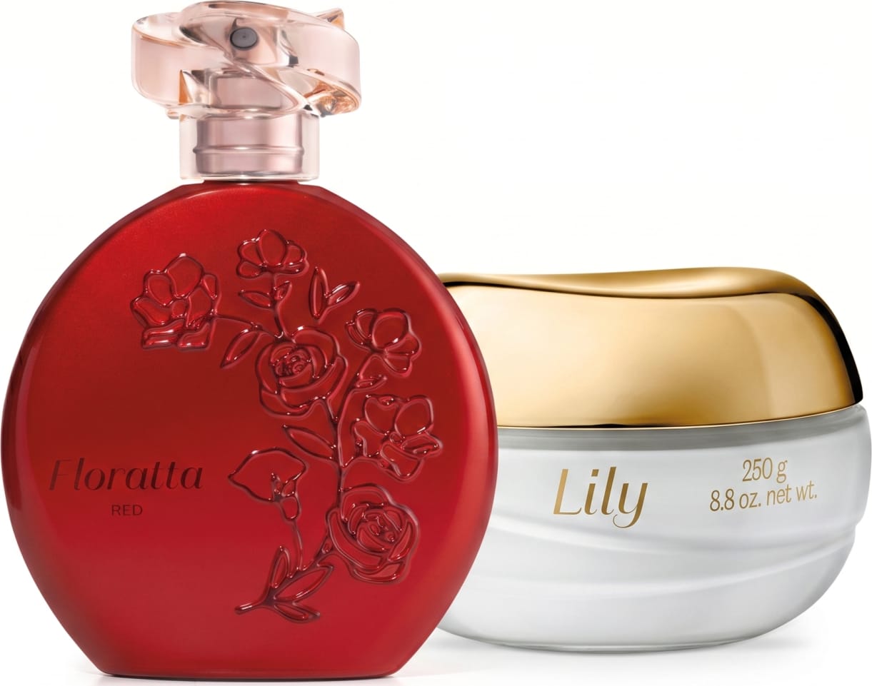 Dois frascos lado a lado sem: um desodorante colônia redondo vermelho com flores em relevo da marca Floratta Red e um pote de vidro branco com tampa dourada, de creme hidratante desodorante da marca Lily.