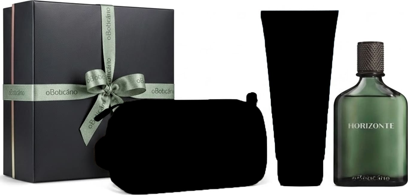 Caixa de presente cinza chumbo com laço verde em cruz. Ao lado, um frasco de item de perfumaria verde da linha Boticollection Horizonte e dois itens misteriosos, dos quais só se vê a silhueta preta.