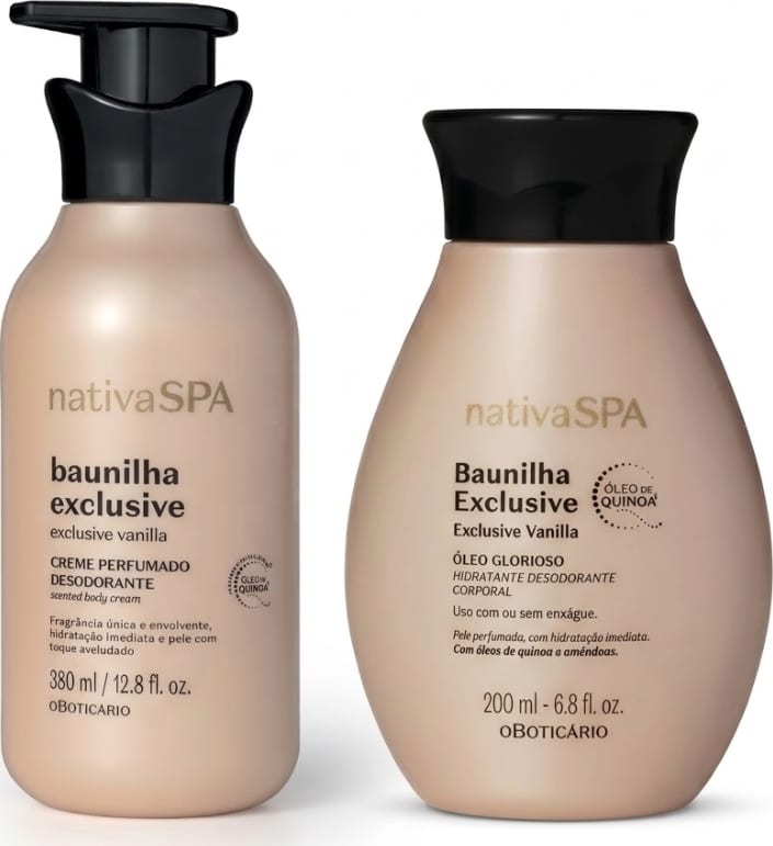 Dois itens de cuidados com a pele lado a lado, sendo: uma frasco rosa claro e tampa pump preta contendo creme hidratante e outro nas mesmas cores, mas com tampa abre-e-fecha, ambos da linha Nativa SPA Baunilha Exclusive.
