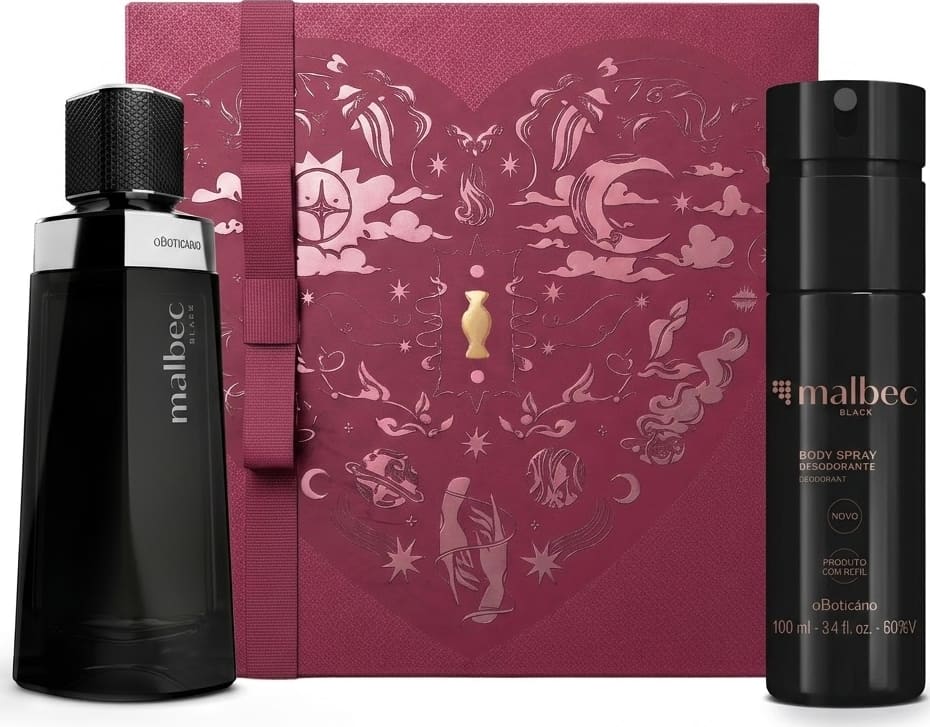 Caixa de presente de cor vinho com um grande coração contendo ilustrações em relevo de temática celestial. Ao lado, dois itens de perfumaria Malbec Black, sendo um frasco de vidro preto com detalhe prata de fragrância e um frasco de body spray preto.