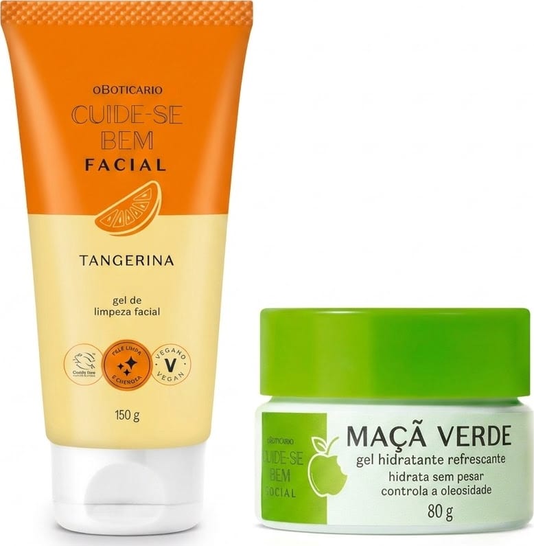 Bisnaga laranja com tampa branca  da linha Cuide-se bem Tangerina e um pote de hidratante branco com detalhes em verde e tampa verde com fragrância Maçã Verde.