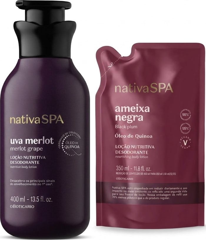 Dois itens de perfumaria da marca Nativa SPA: um frasco de loção corporal Uva Merlot de 400 ml em tom roxo escuro, e uma embalagem plástica de 350 ml da loção corporal Ameixa Negra, em tom vinho.