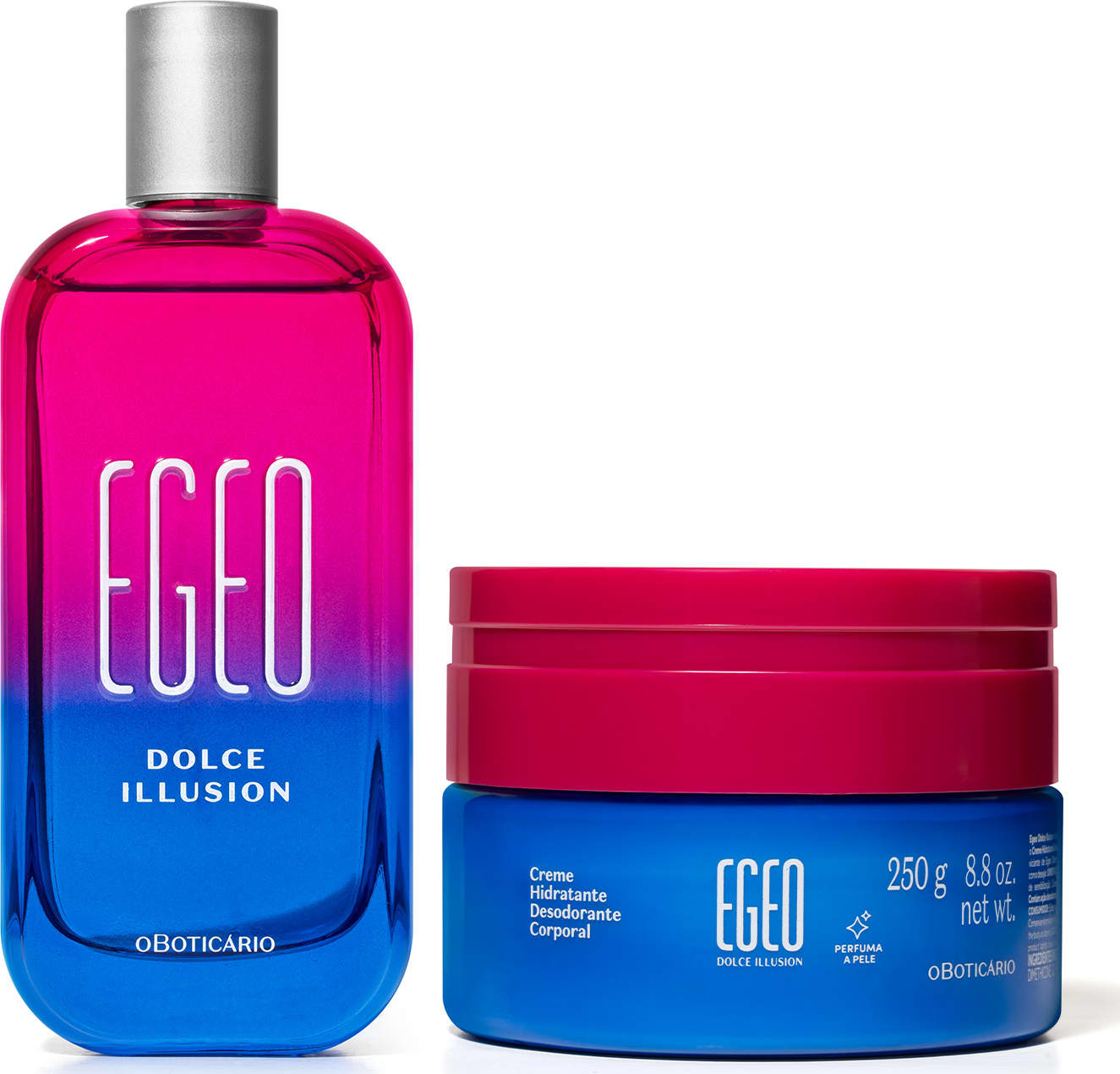 Imagem de dois produtos da linha Egeo Dolce Illusion, sendo um desodorante colônia em vidro nas cores azul e rosa com tampa prateada e um pote de creme desodorante corporal na cor azul com tampa rosa. Um kit repleto de estilo e jovialidade.