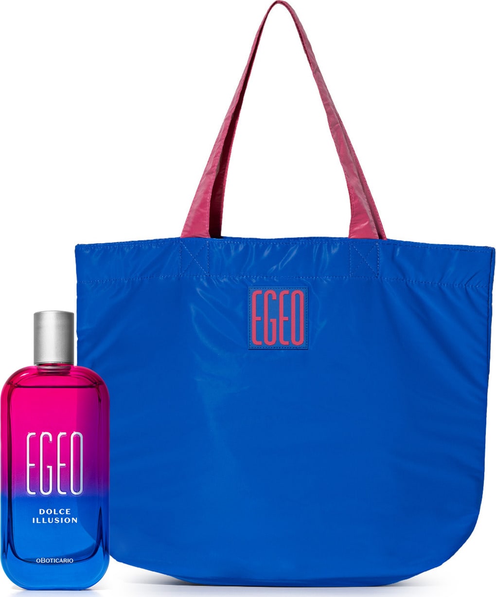 Imagem de dois produtos da linha Egeo, sendo um vidro rosa e azul com tampa prateada contendo o desodorante colônia da linha Dolce Illusion e uma bolsa grande na cor azul com alças rosa.