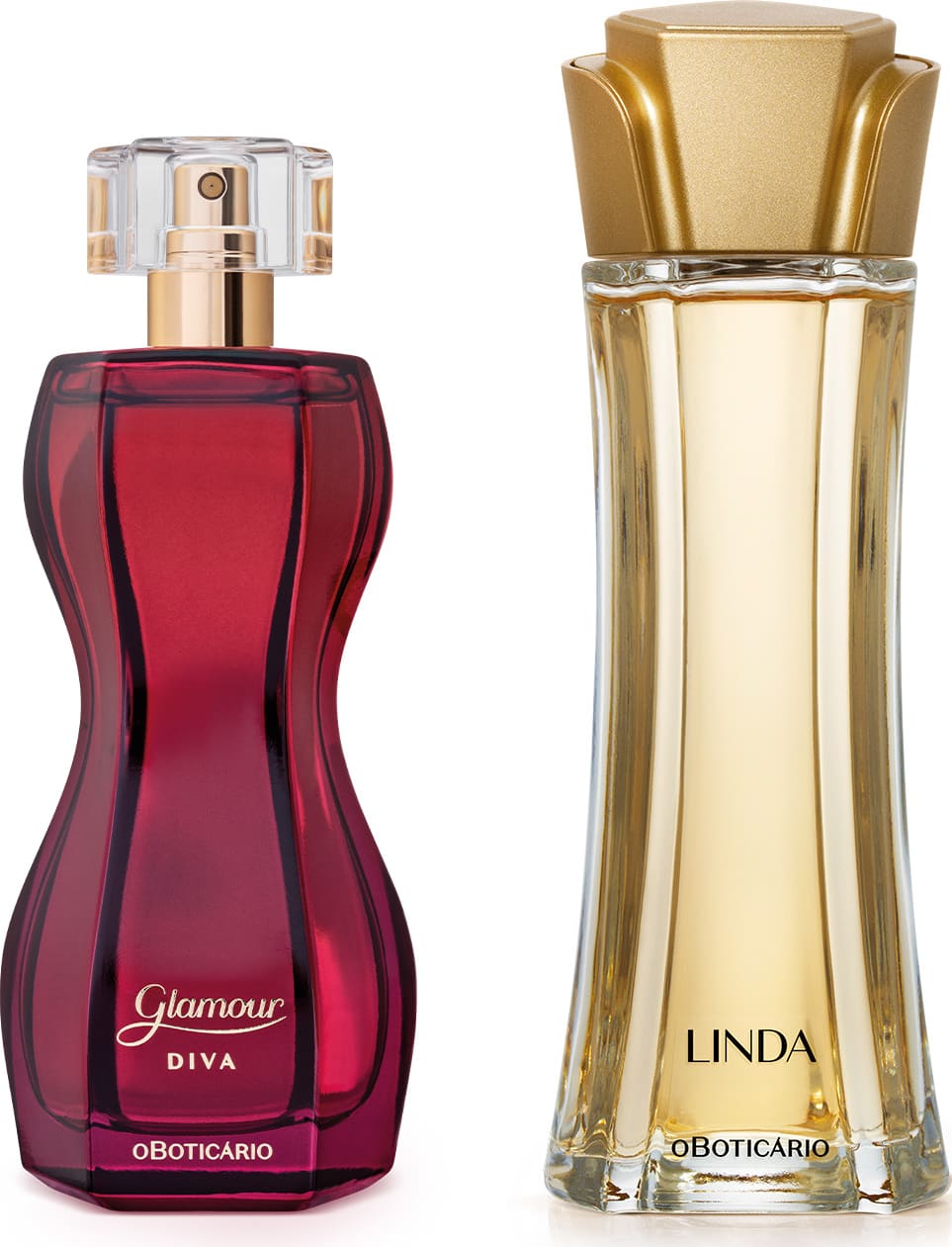 Imagem de dois itens de perfumaria feminina, sendo um vidro na cor vinho com formato curvilíneo e borrifador dourado da marca Glamour Diva e outro vidro transparente com líquido bege e tampa dourada em formato de flor da marca Linda.