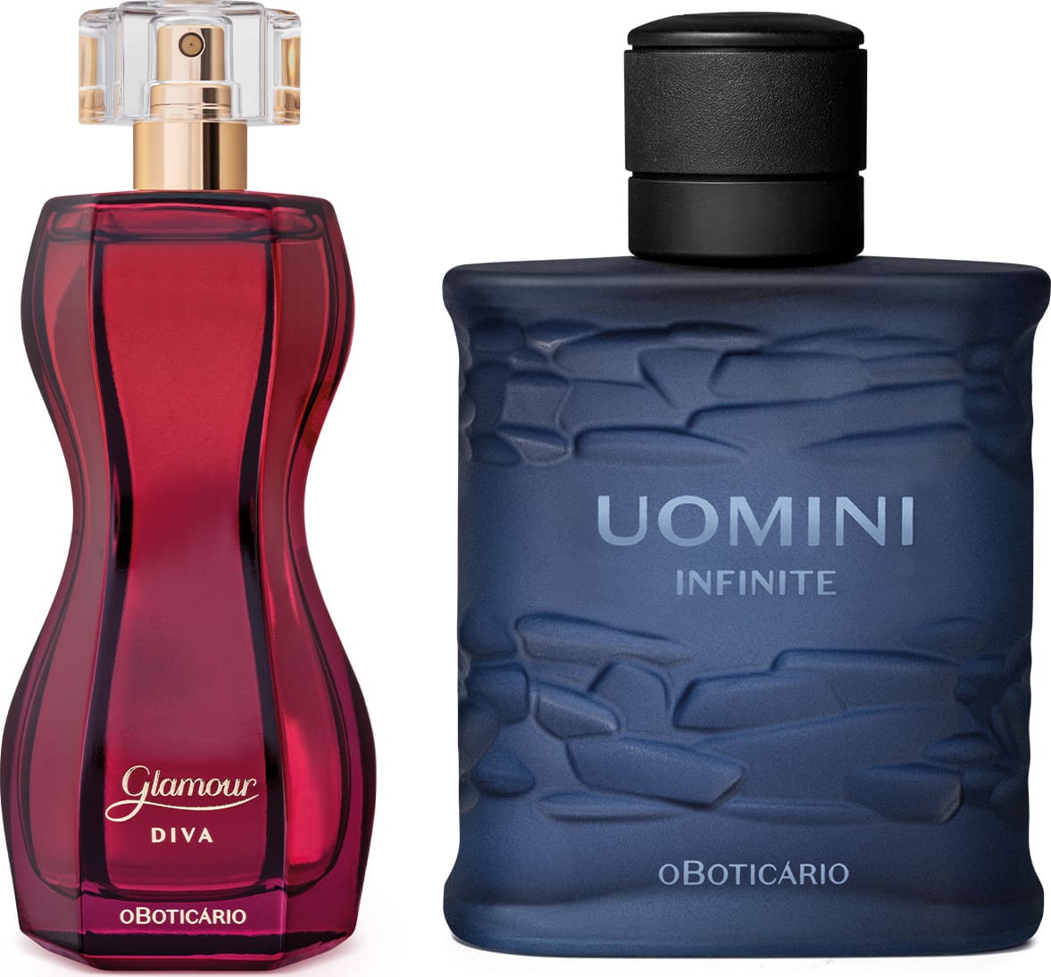 Imagem de dois itens de perfumaria O Boticário, sendo um vidro na cor vinho e formato curvilíneo com borrifador dourado da marca Glamour Diva e um vidro azul-marinho com tampa preta texturizada da marca Uomini Infinite.