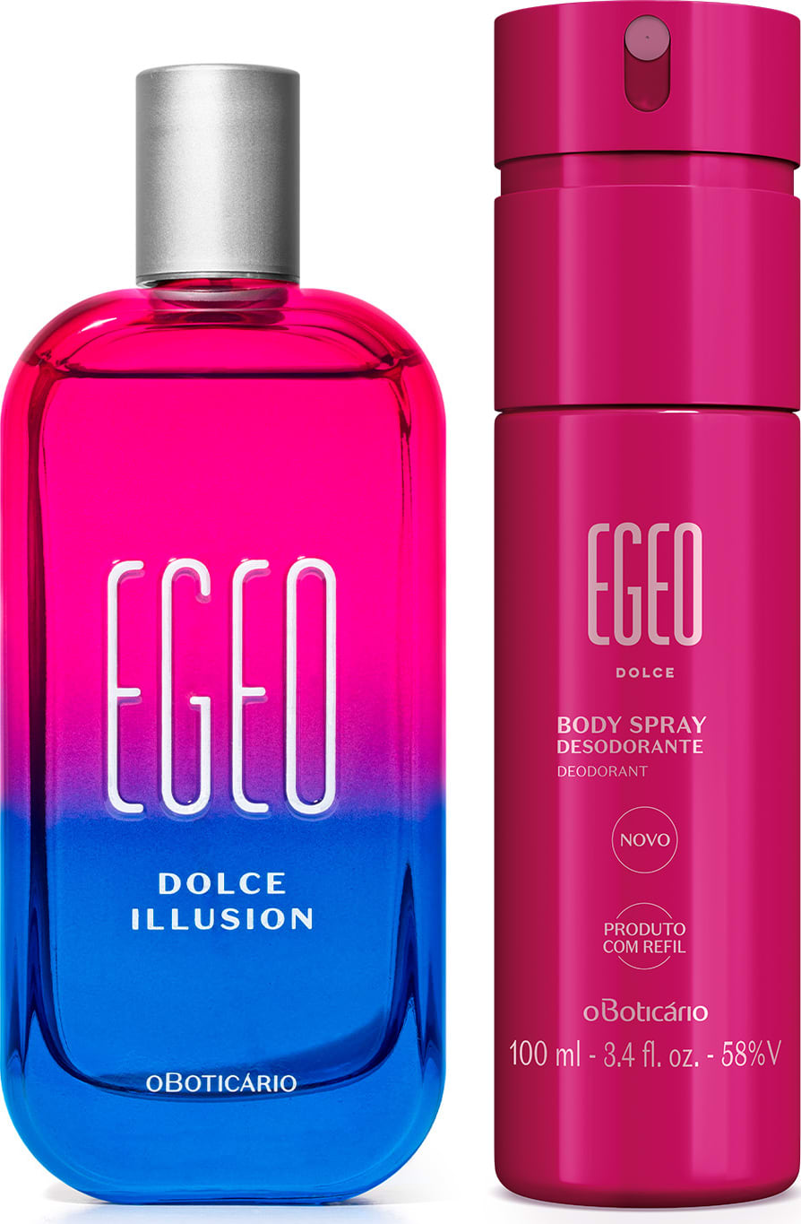 Imagem do Combo Egeo Dolce que traz o desodorante colônia Illusion em sua moderna embalagem rosa e azul com tampa prateada e letras brancas e o body spray em um frasco todo rosa com letras douradas. 