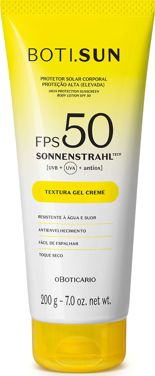 Bisnaga amarela e branca com tampa amarela e letras pretas contendo 200g de protetor solar corporal FPS 50 da marca Boti.Sun.