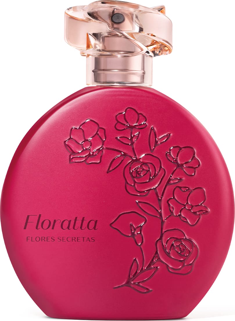 Imagem do clássico e elegante vidro da marca Floratta Flores Secretas na cor rosa vibrante, borrifador prateado e tampa transparente. A superfície traz o nome da fragrância e flores em relevo em tom de vermelho.