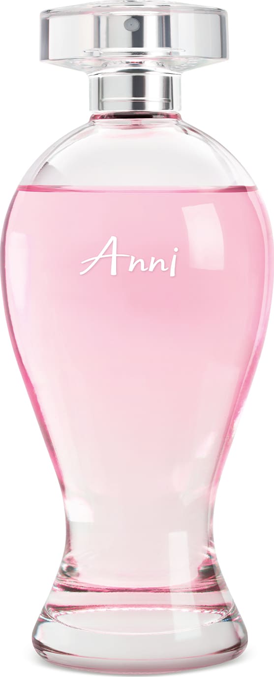 Vidro transparente em formato curvilíneo com líquido rosa, pulverizador prateado e tampa transparente contendo 200ml de desodorante colônia Boticollection Anni.