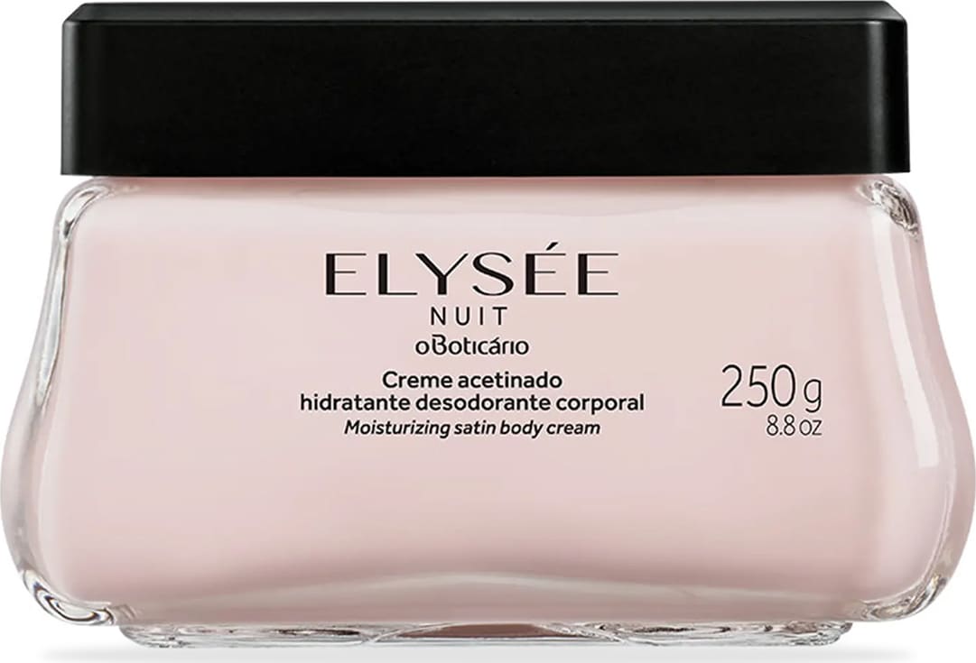 Pote de vidro transparente com conteúdo branco, tampa e letras pretas, contendo 250g de creme acetinado hidratante corporal da marca Elysée Nuit.