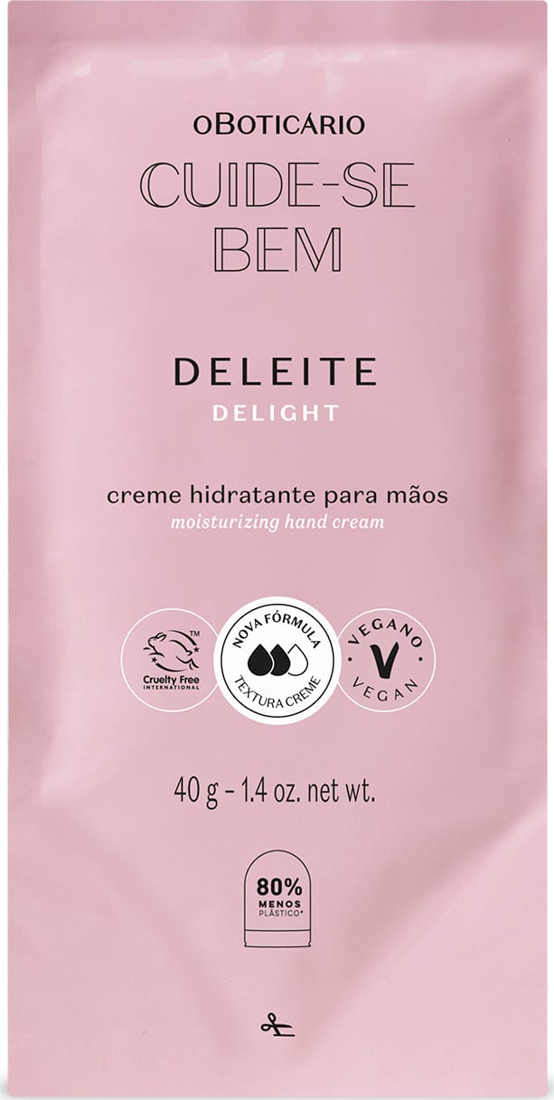 Refil de creme hidratante para as mãos da marca Cuide-se Bem Deleite em sachê de 40g na cor rosa com letras pretas.