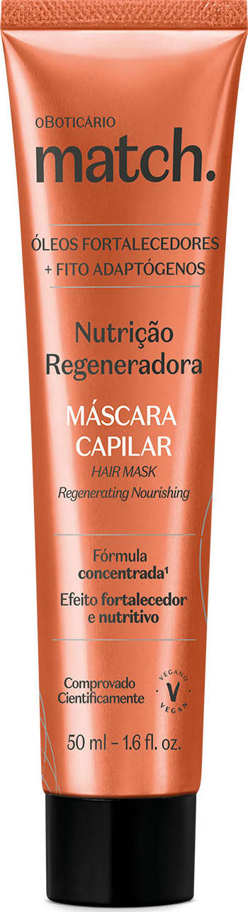 Bisnaga laranja metalizada com tampa preta e letras brancas e pretas contendo 50ml de máscara capilar da marca Match Nutrição Regeneradora.