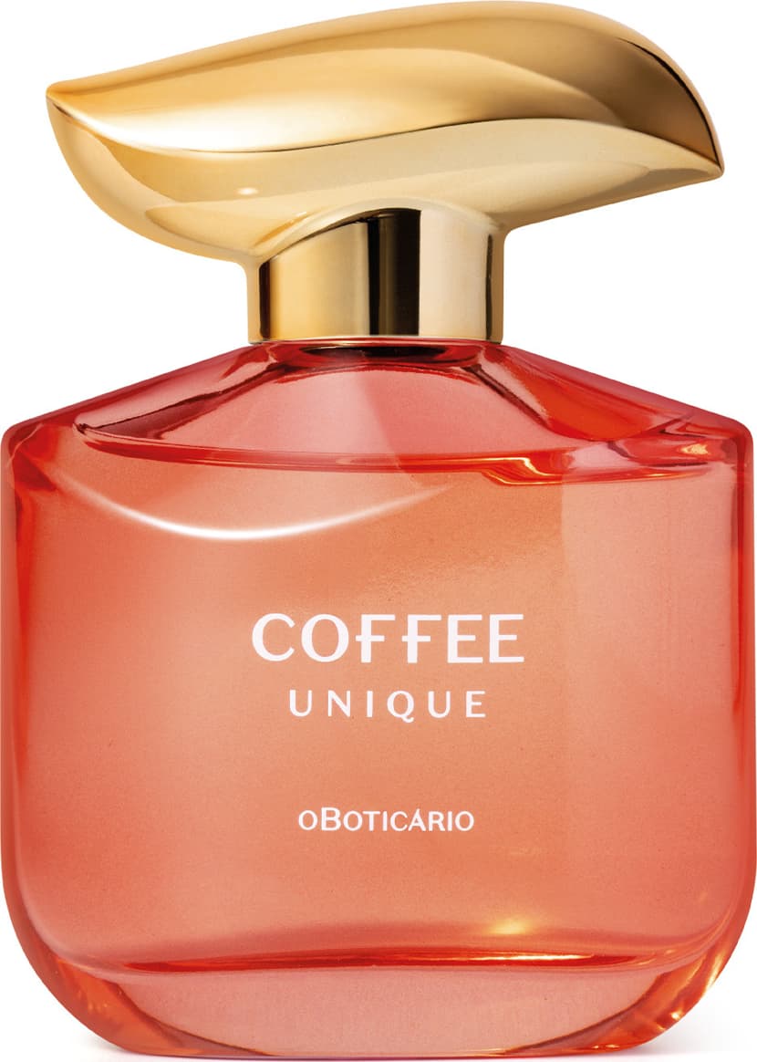 Frasco de item de perfumaria da marca Coffee Woman Unique, com formato arredondado e tampa dourada, em cor vermelha predominante, com texto "Coffee Unique" e "oBoticario" legível no rótulo.