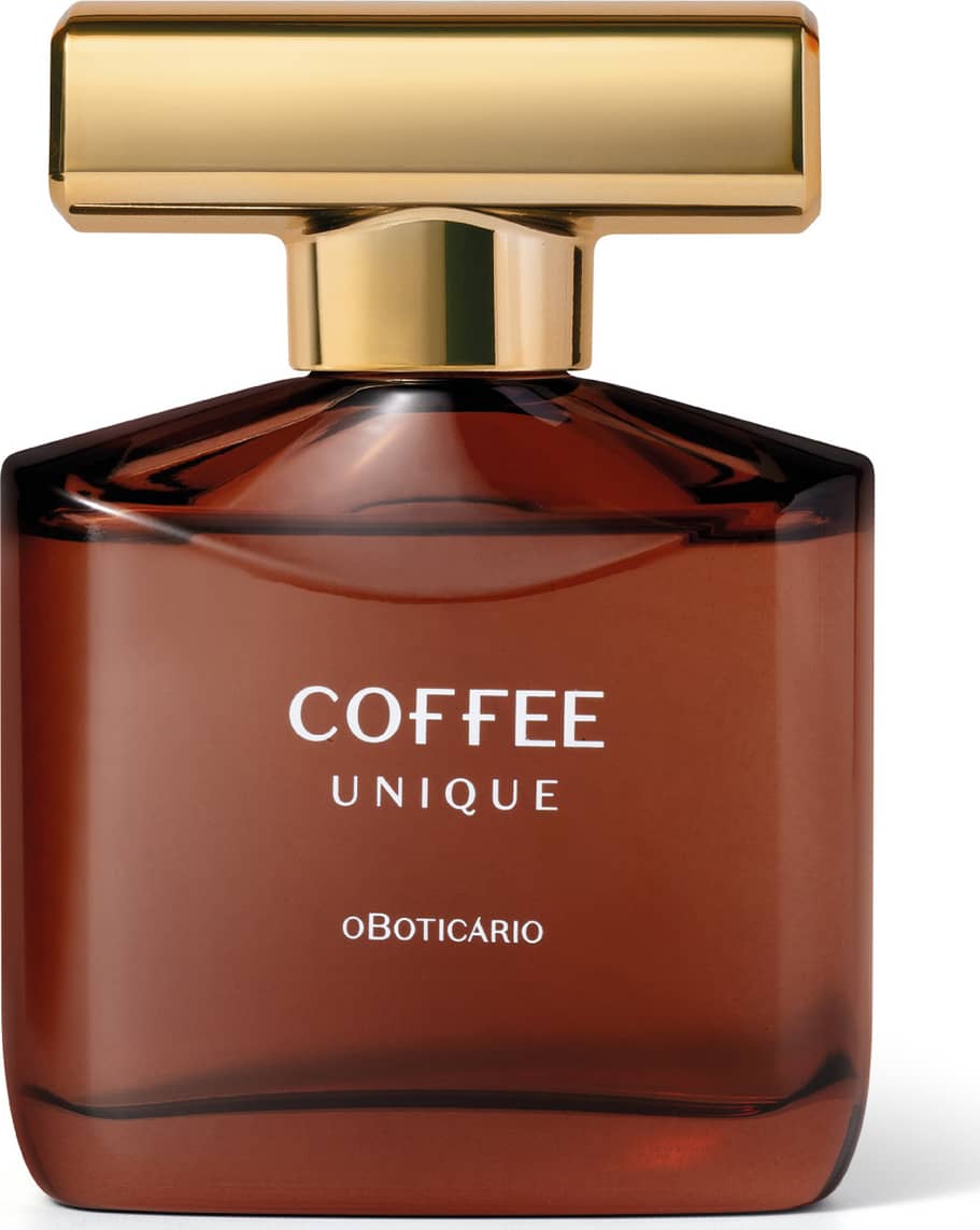 Imagem de um frasco de vidro marrom contendo 100ml de desodorante colônia da marca Coffee Man Unique, com tampa dourada, exibindo rótulo com texto em letras brancas.